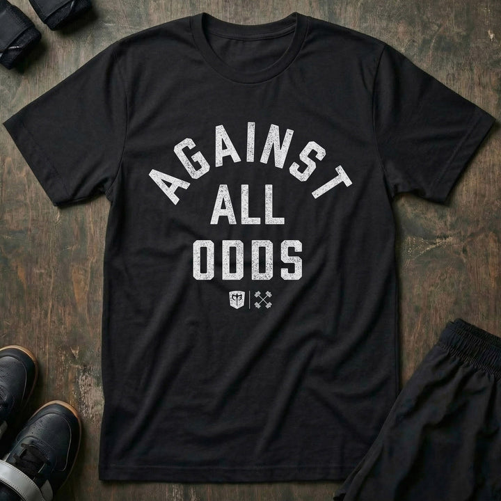 Against All Odds tee in Black: AGAINST ALL ODDS in bold distressed collegiate lettering across the front