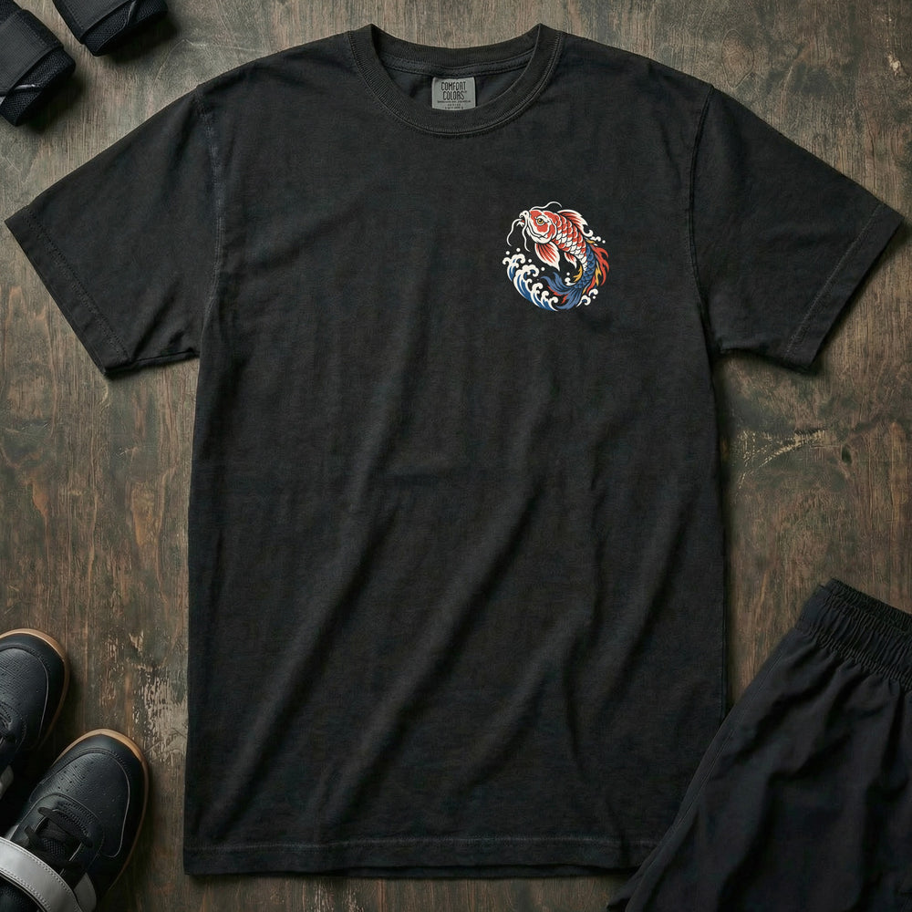 Against the Current relaxed fit tee in Black, front with leaping koi left chest print