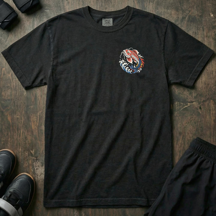 Against the Current relaxed fit tee in Black, front with leaping koi left chest print