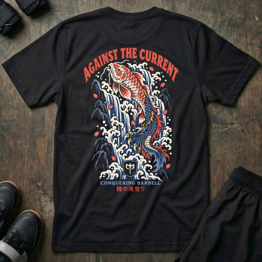 Against the Current tee in Black, back print: tattoo-flash koi climbing a waterfall and turning into a dragon