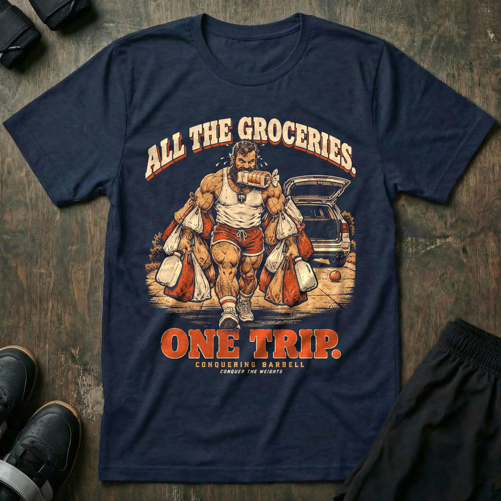 All the Groceries One Trip - Tee front graphic in Navy with a bearded lifter carrying every grocery bag in one trip - Conquering Barbell