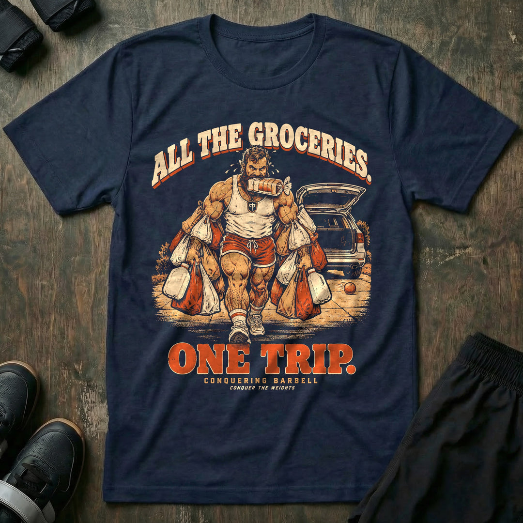 All the Groceries One Trip - Tee front graphic in Navy with a bearded lifter carrying every grocery bag in one trip - Conquering Barbell
