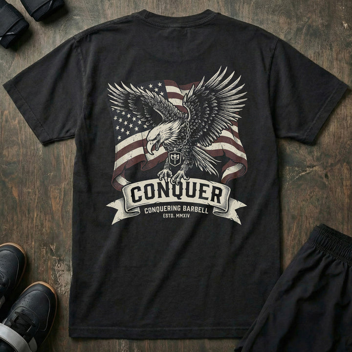 Old Glory Eagle relaxed fit tee in Black: a powerful eagle with wings spread wide