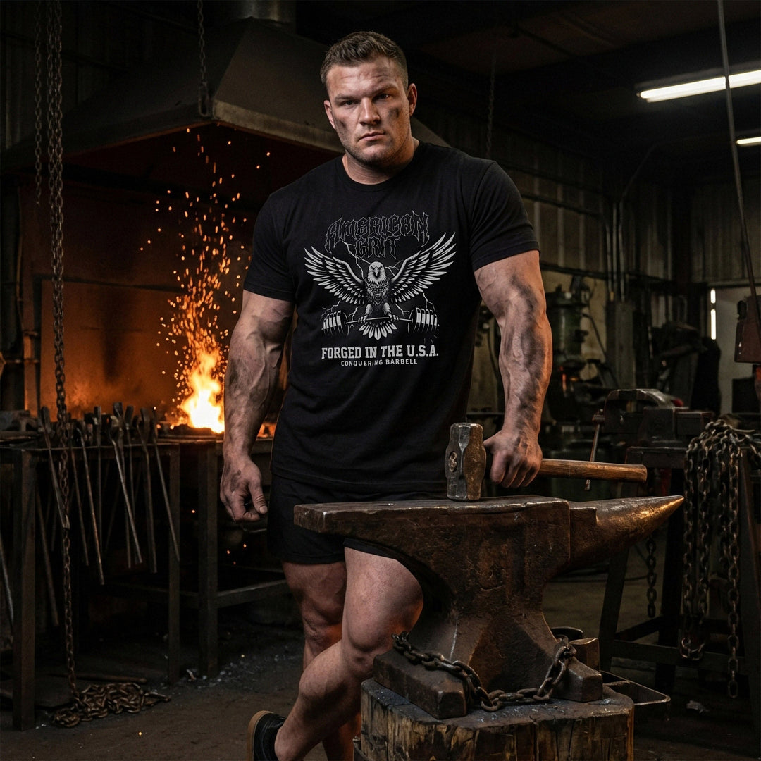 American Grit tee in Black: a metal-style eagle with wings spread clutching a barbell