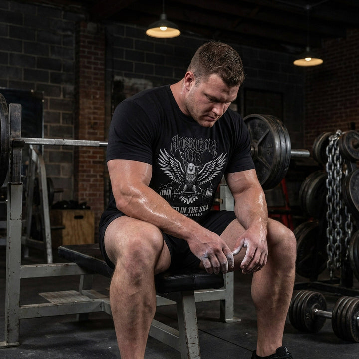 American Grit tee in Black: a metal-style eagle with wings spread clutching a barbell