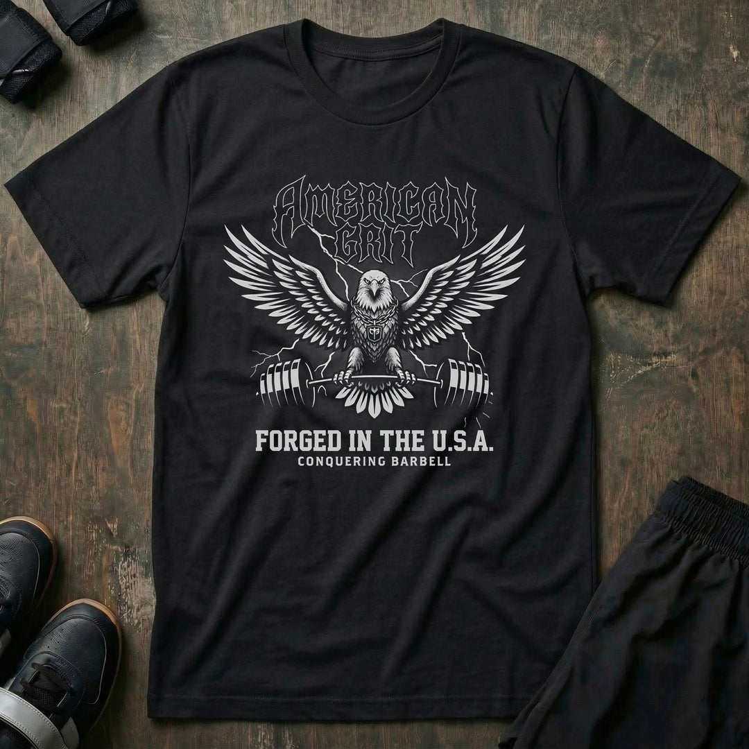 American Grit tee in Black: a metal-style eagle with wings spread clutching a barbell