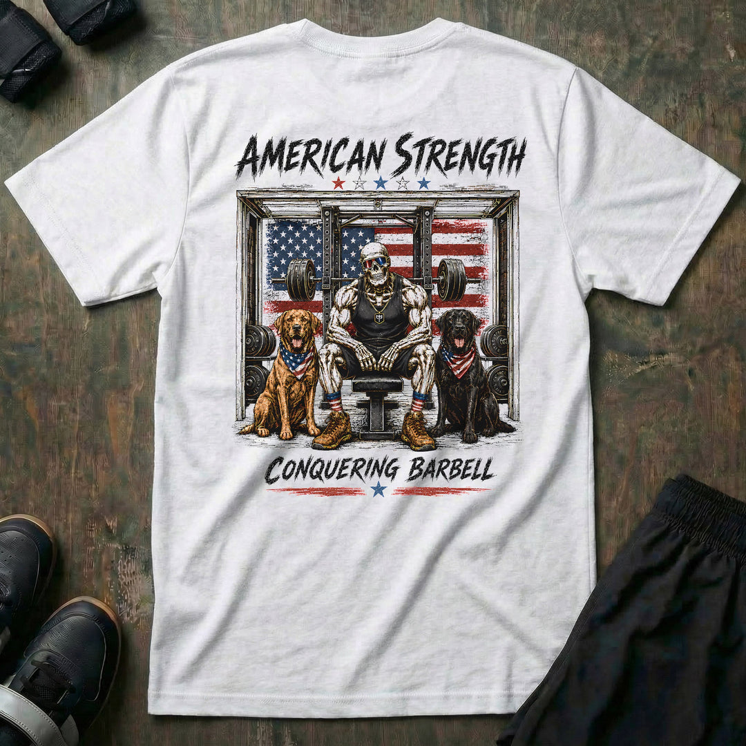 American Strength tee in White: a jacked skeleton lifter on a bench press throne in shades