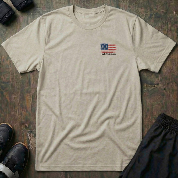 American Strength tee: a jacked skeleton lifter on a bench press throne in shades