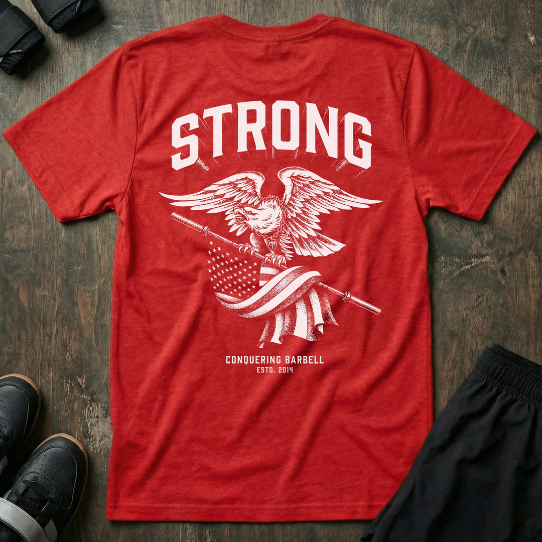 American Strong Eagle Pride tee in Red: a powerful eagle with wings spread wide