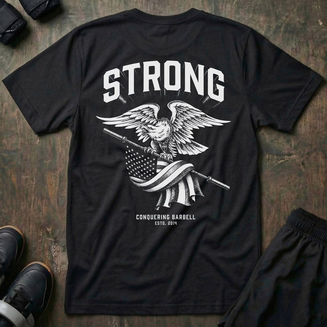 American Strong Eagle Pride tee in Black: a powerful eagle with wings spread wide