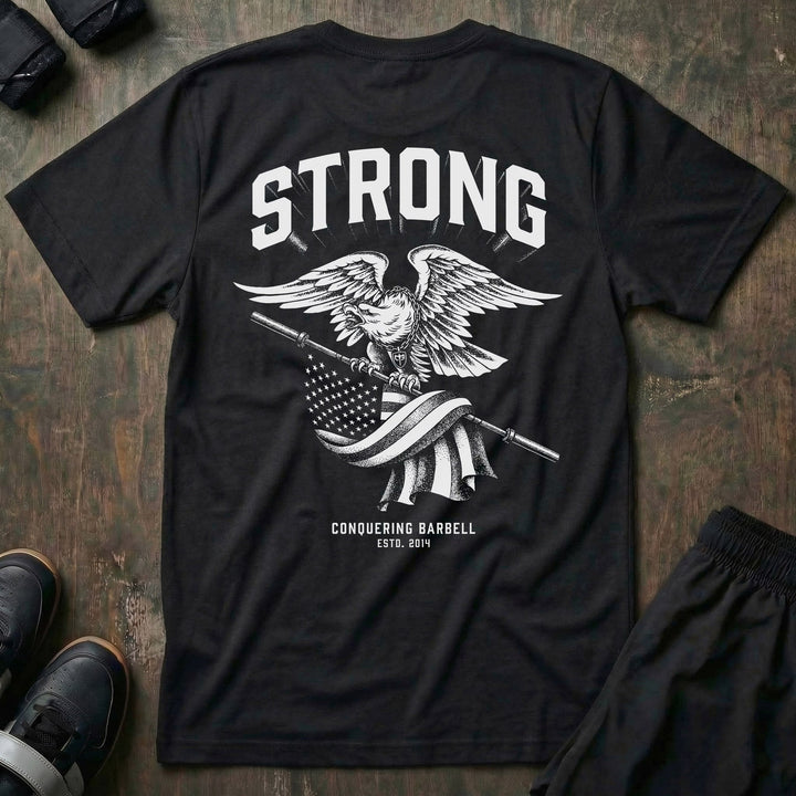 American Strong Eagle Pride tee in Black: a powerful eagle with wings spread wide