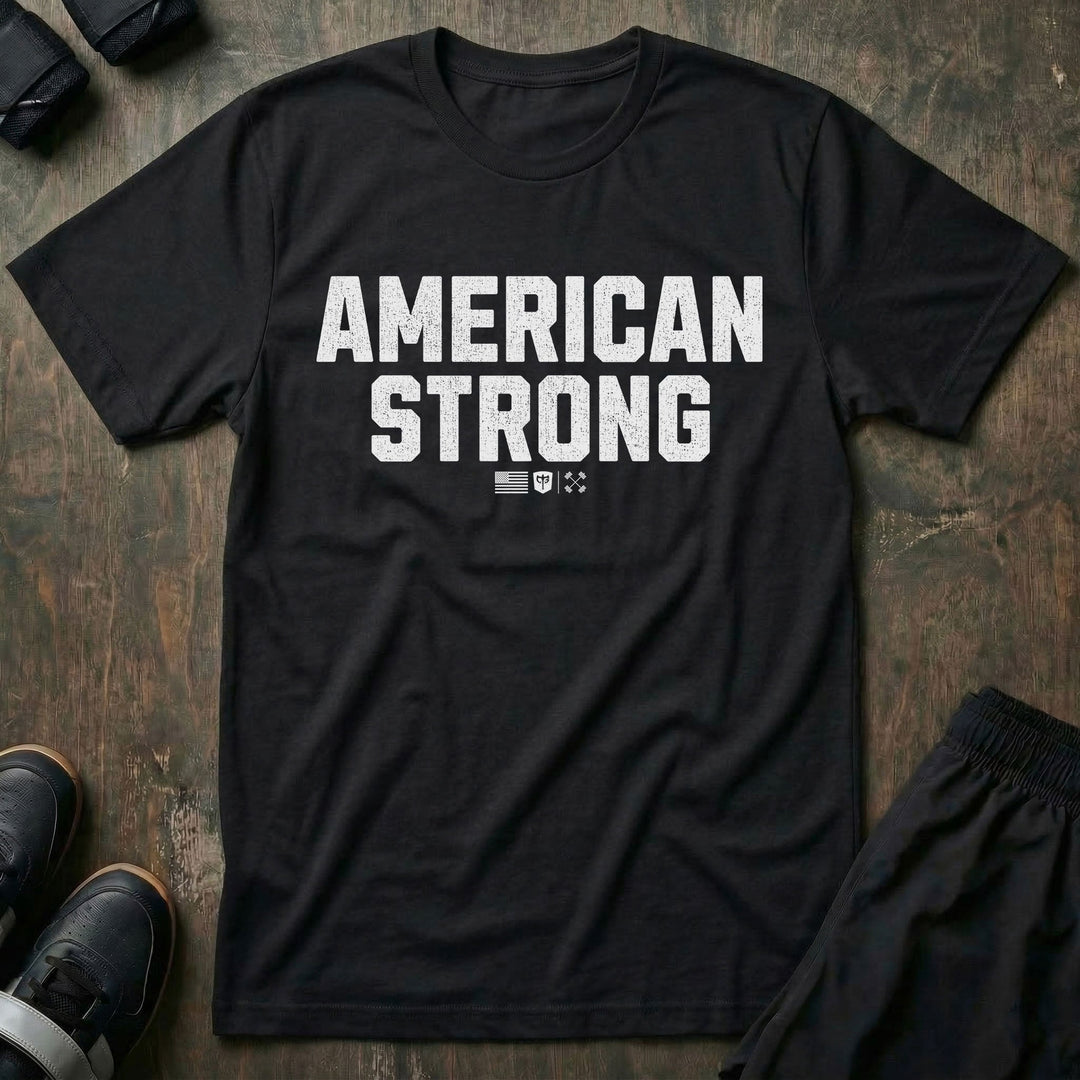 American Strong tee in Black: AMERICAN STRONG in bold distressed block letters with a small American flag