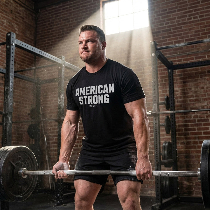 American Strong tee: AMERICAN STRONG in bold distressed block letters with a small American flag