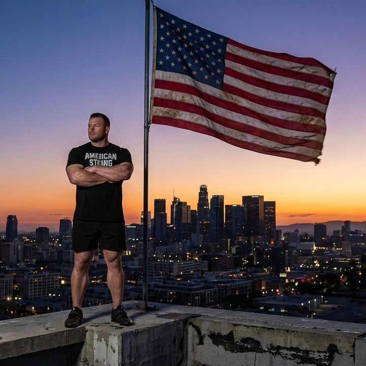 American Strong tee: AMERICAN STRONG in bold distressed block letters with a small American flag