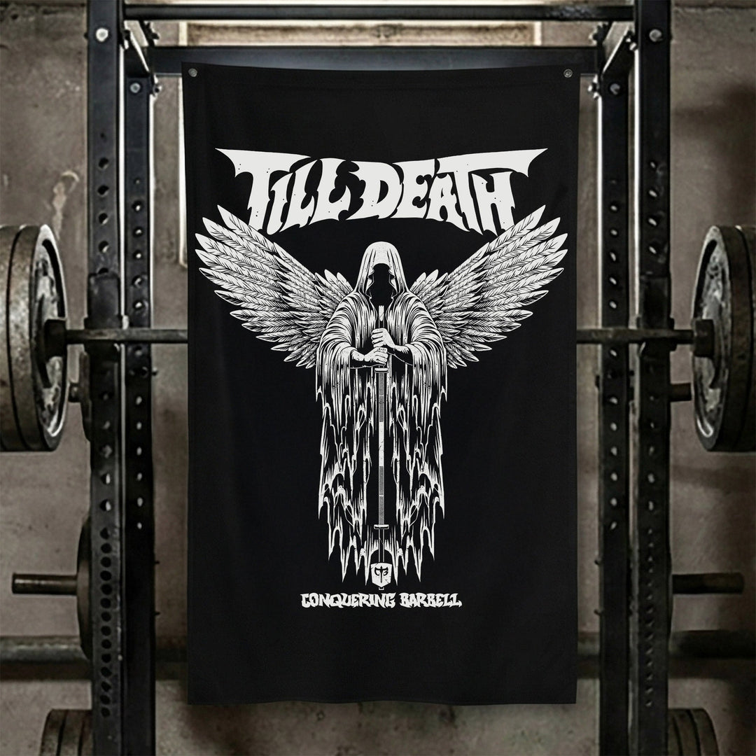 Angel of Barbell Death - Polyester Flag, vertical black gym flag with winged, hooded angel of death holding a barbell - Conquering Barbell
