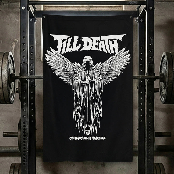Angel of Barbell Death - Polyester Flag, vertical black gym flag with winged, hooded angel of death holding a barbell - Conquering Barbell