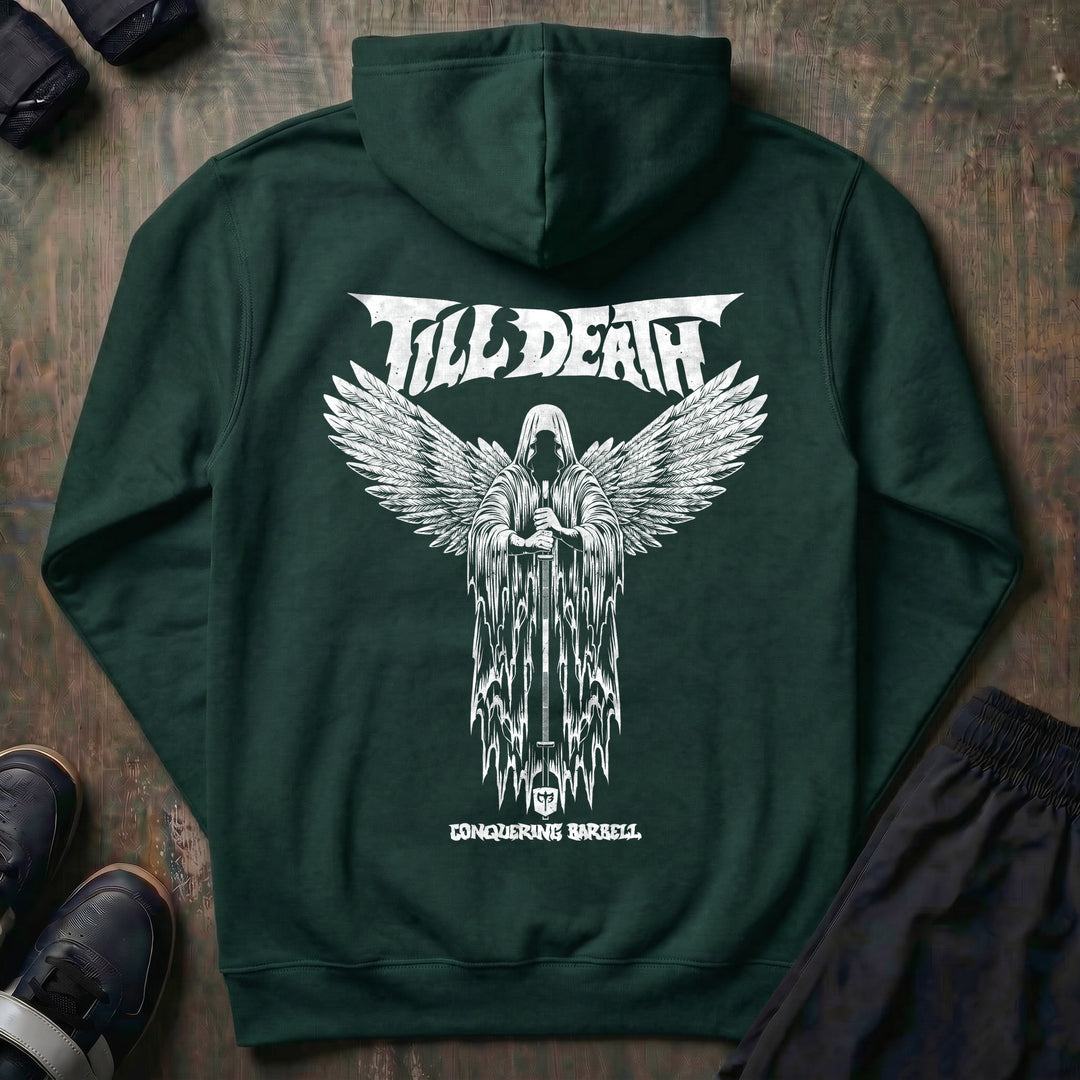 Angel of Barbell Death pullover hoodie in Alpine Green, back print