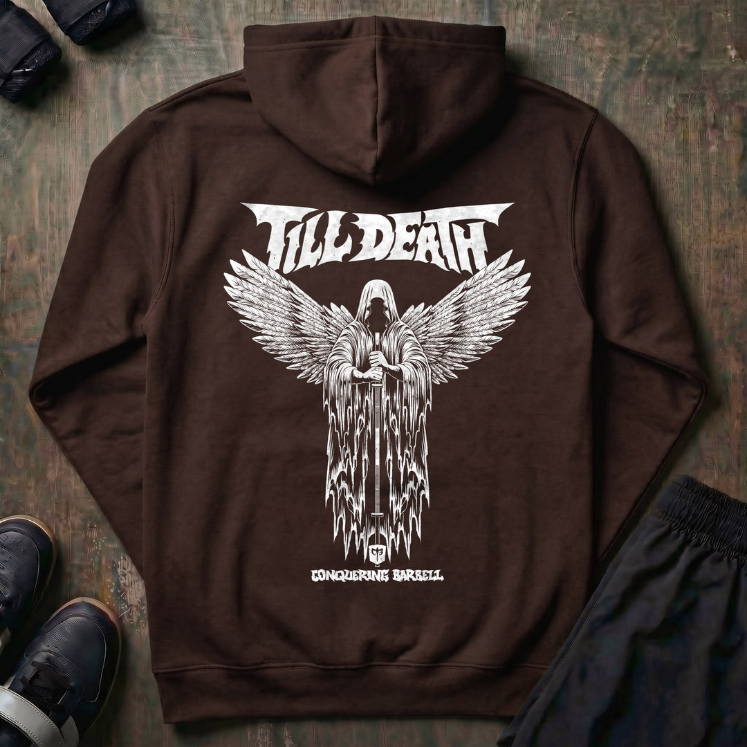 Angel of Barbell Death pullover hoodie in Brown, back print