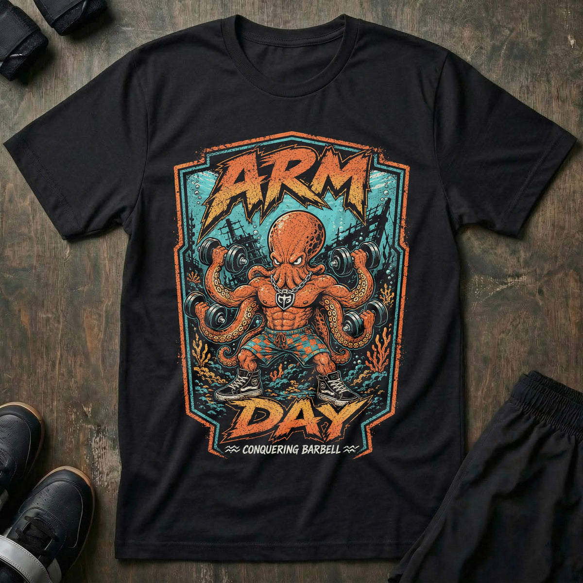 Arm Day Octopus tee in Black: a jacked octopus in board shorts and skate shoes curling multiple dumbbells at once