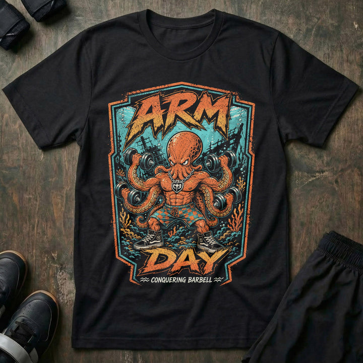 Arm Day Octopus tee in Black: a jacked octopus in board shorts and skate shoes curling multiple dumbbells at once