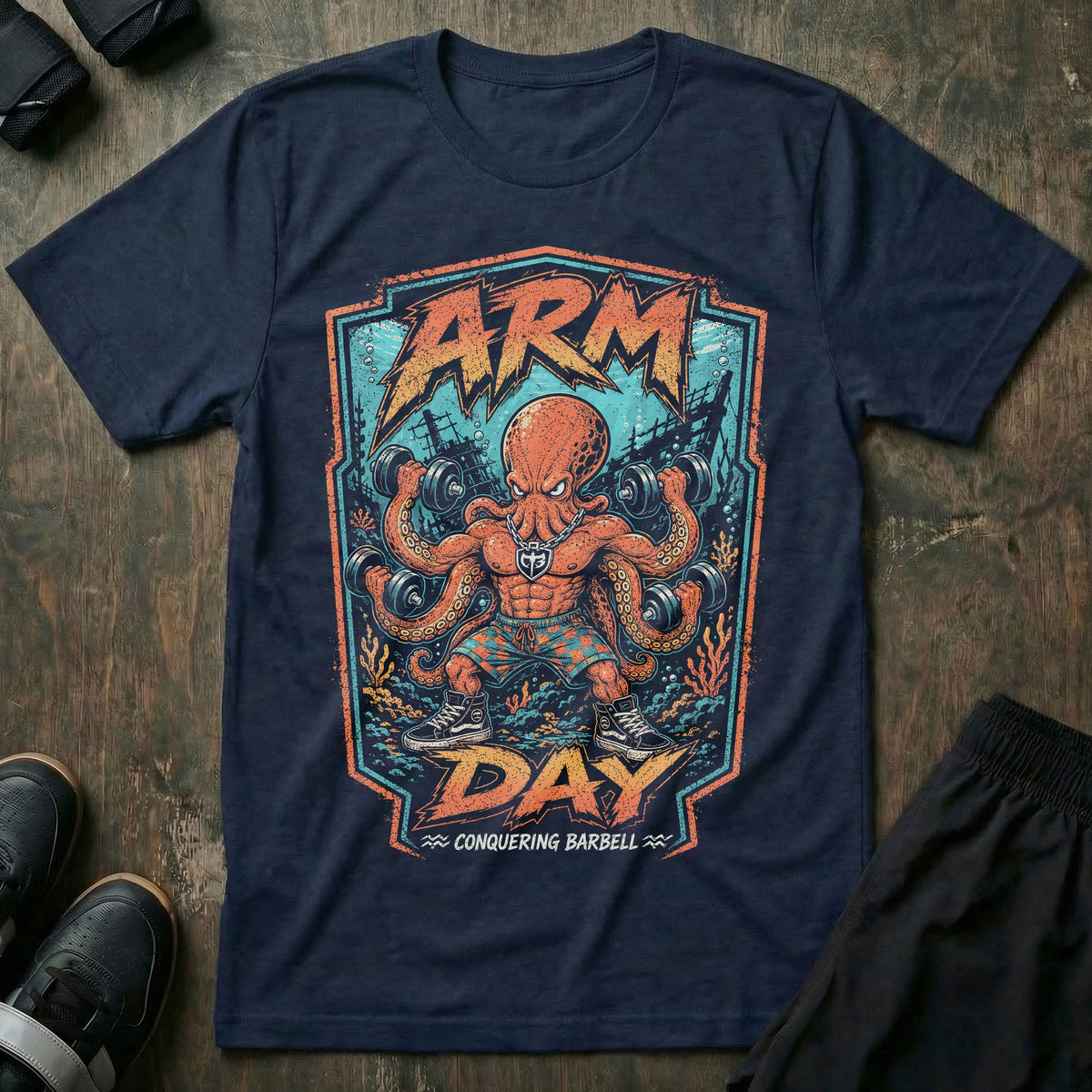 Arm Day Octopus tee in Navy: a jacked octopus in board shorts and skate shoes curling multiple dumbbells at once