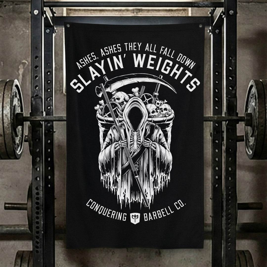 Ashes, Ashes They All Fall Down - Polyester Flag, vertical black gym flag with hooded reaper rising over a loaded barbell - Conquering Barbell