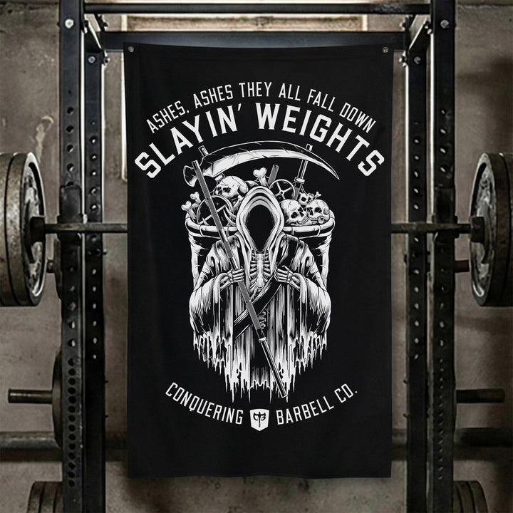 Ashes, Ashes They All Fall Down - Polyester Flag, vertical black gym flag with hooded reaper rising over a loaded barbell - Conquering Barbell