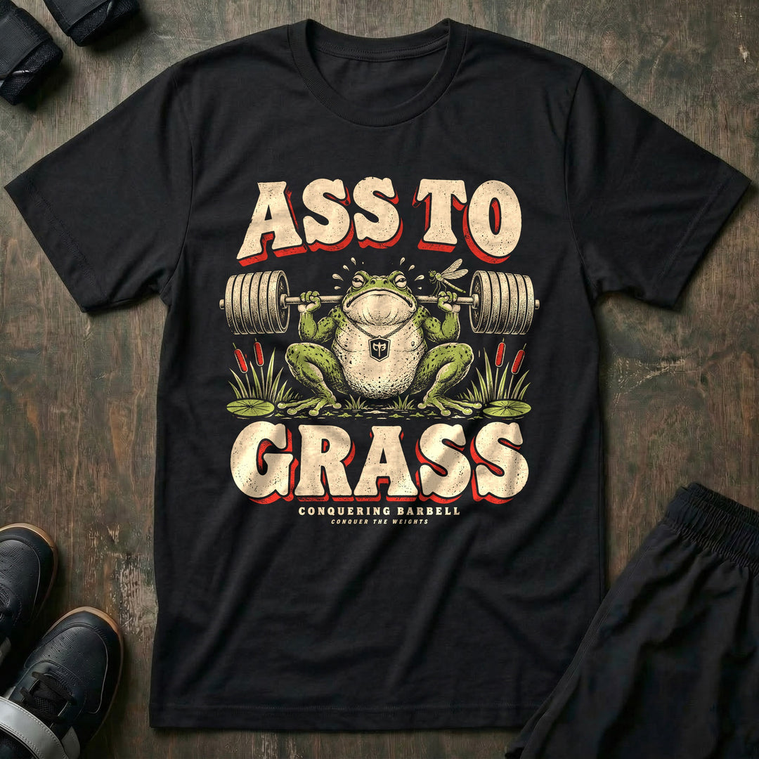 Ass to Grass - Tee front graphic in Black with a toad in a deep barbell squat among cattails - Conquering Barbell