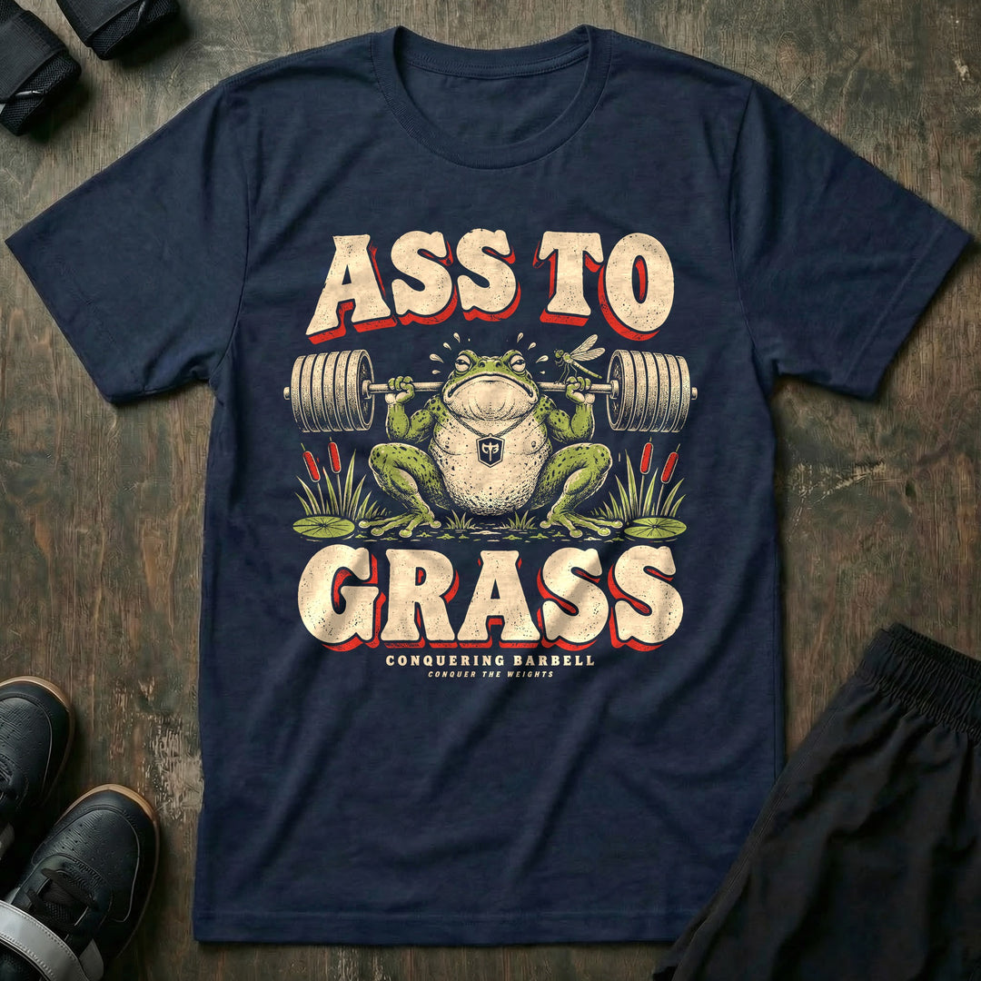 Ass to Grass - Tee front graphic in Navy with a toad in a deep barbell squat among cattails - Conquering Barbell