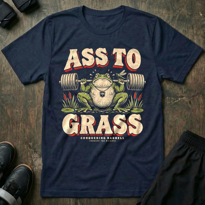 Ass to Grass - Tee front graphic in Navy with a toad in a deep barbell squat among cattails - Conquering Barbell