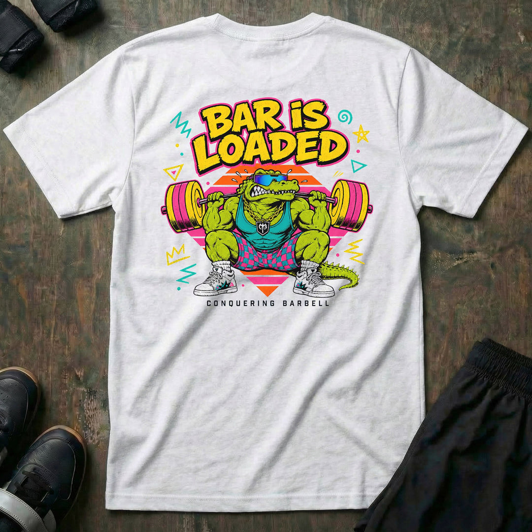 Bar is Loaded Gator tee in White: a jacked gator in shades