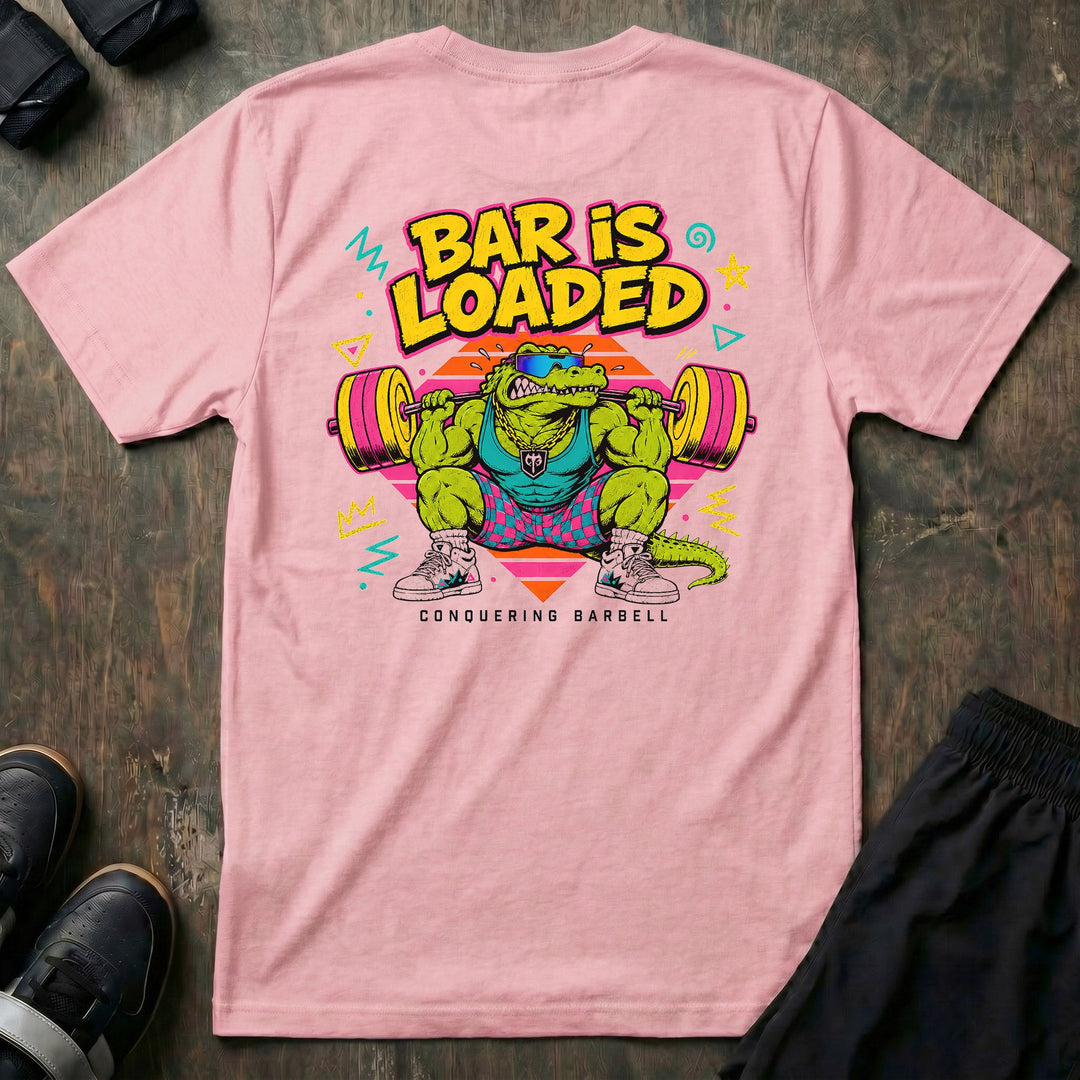Bar is Loaded Gator tee in Pink: a jacked gator in shades