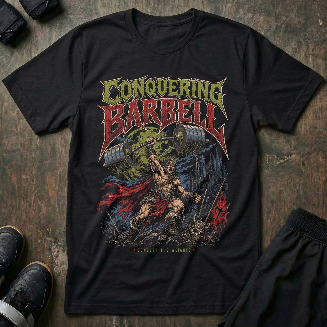 Barbarian Conqueror tee in Black: a battle-hardened barbarian at the peak of his charge