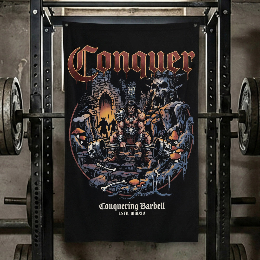 Barbarian V2 - Polyester Flag, vertical black gym flag with barbarian king on a throne of skulls - Conquering Barbell
