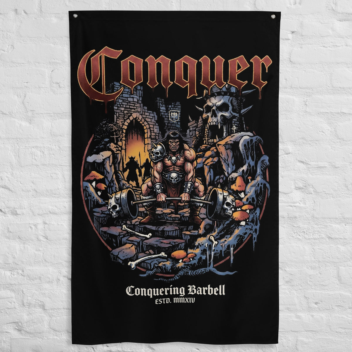 Barbarian V2 - Polyester Flag, vertical gym flag hanging in a home gym - Conquering Barbell