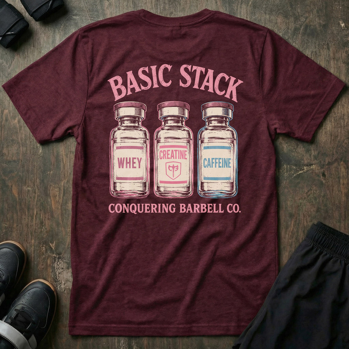 Basic Stack tee in Maroon: three vintage apothecary vials