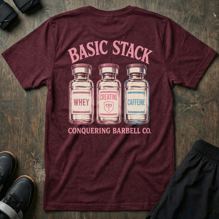 Basic Stack tee in Maroon: three vintage apothecary vials