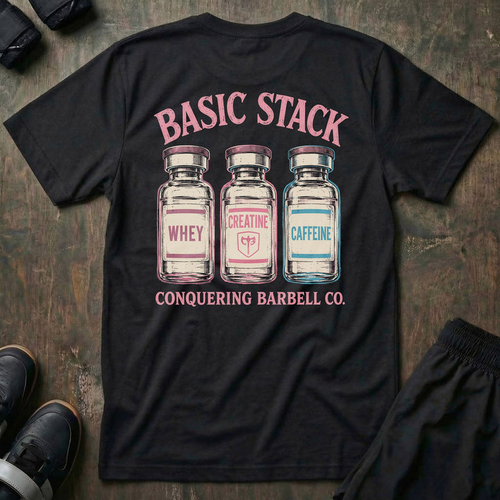 Basic Stack tee in Black: three vintage apothecary vials