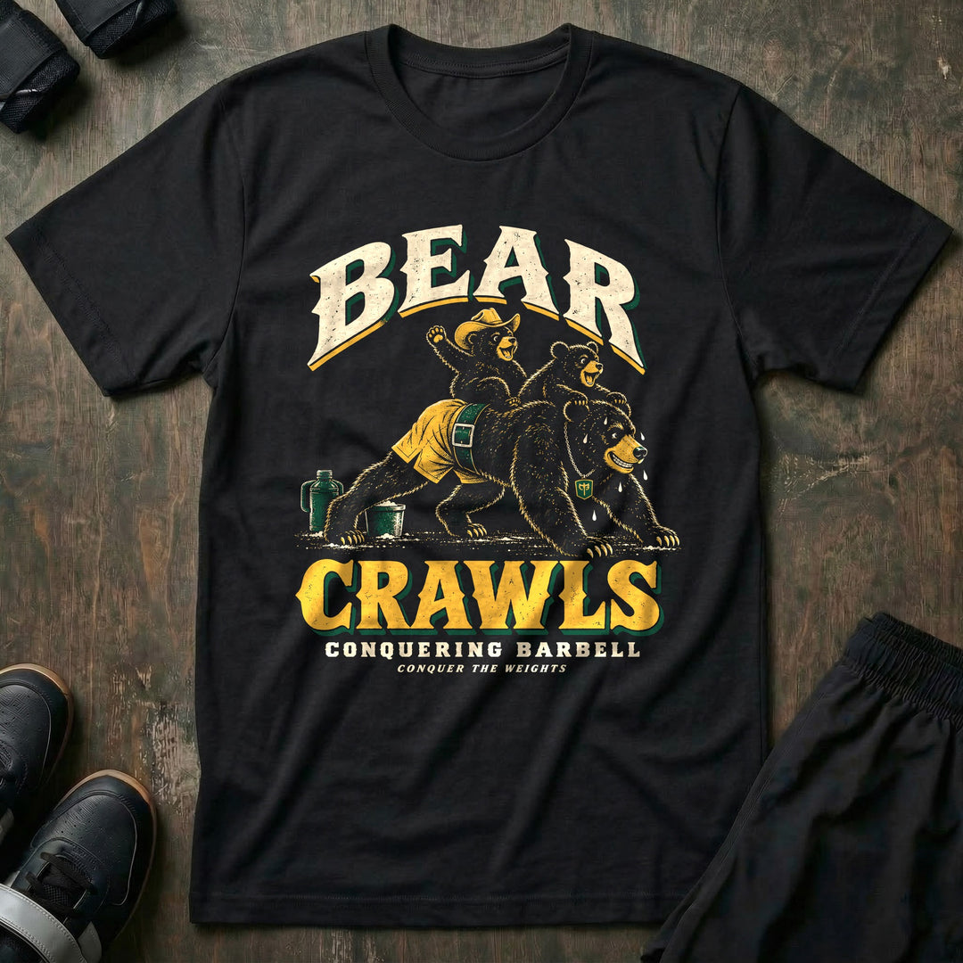Bear Crawls - Tee front graphic in Black with a black bear dad doing bear crawls with two cubs riding on his back, one in a cowboy hat - Conquering Barbell