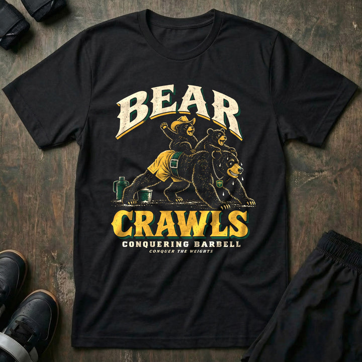 Bear Crawls - Tee front graphic in Black with a black bear dad doing bear crawls with two cubs riding on his back, one in a cowboy hat - Conquering Barbell