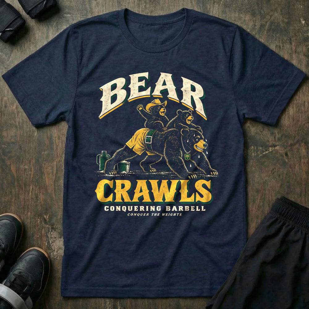 Bear Crawls - Tee front graphic in Navy with a black bear dad doing bear crawls with two cubs riding on his back, one in a cowboy hat - Conquering Barbell