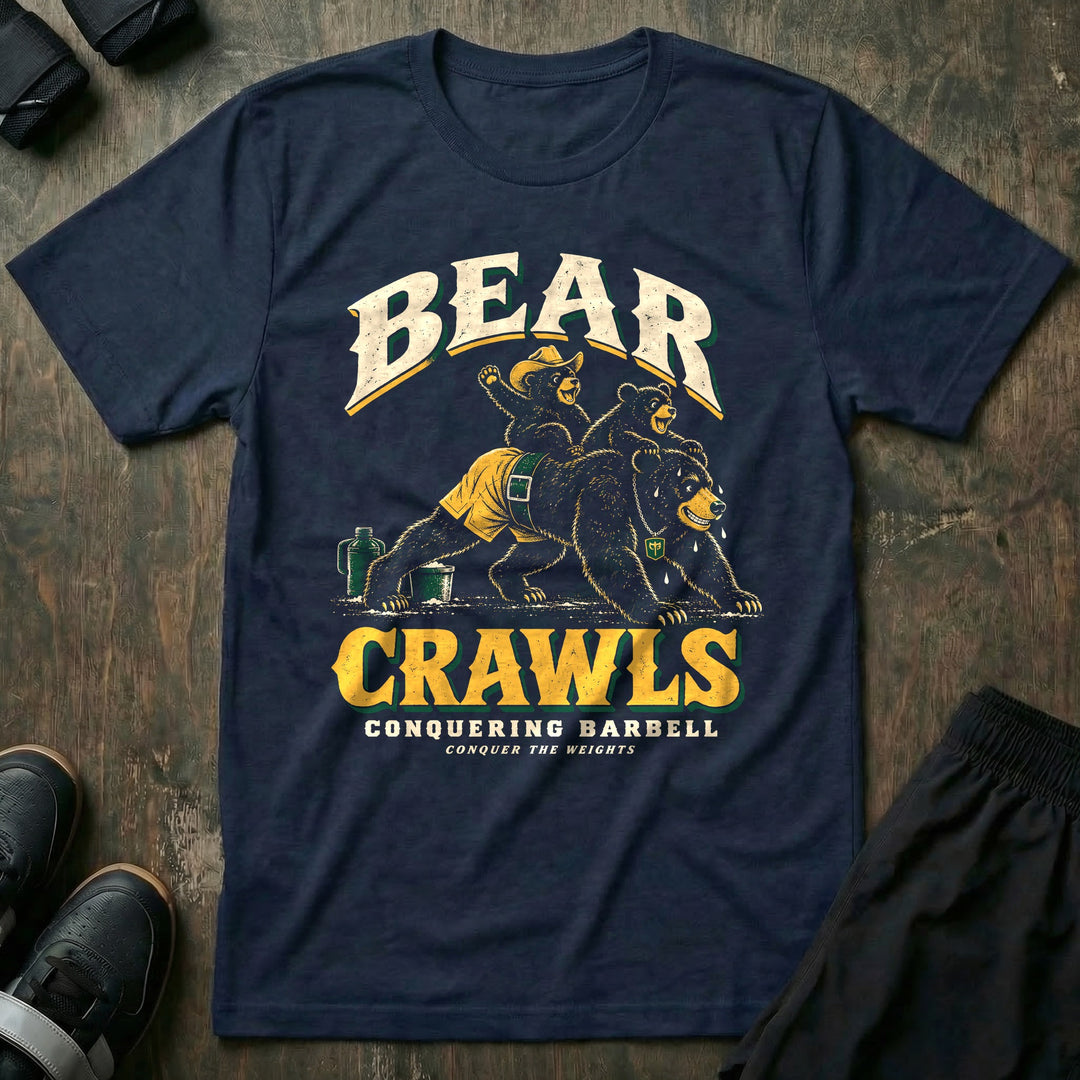 Bear Crawls - Tee front graphic in Navy with a black bear dad doing bear crawls with two cubs riding on his back, one in a cowboy hat - Conquering Barbell