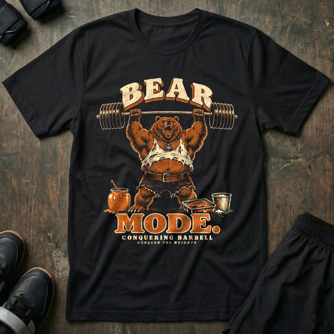 Bear Mode - Tee front graphic in Black with a grizzly bear pressing a loaded barbell overhead - Conquering Barbell