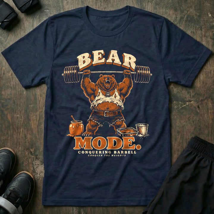 Bear Mode - Tee front graphic in Navy with a grizzly bear pressing a loaded barbell overhead - Conquering Barbell