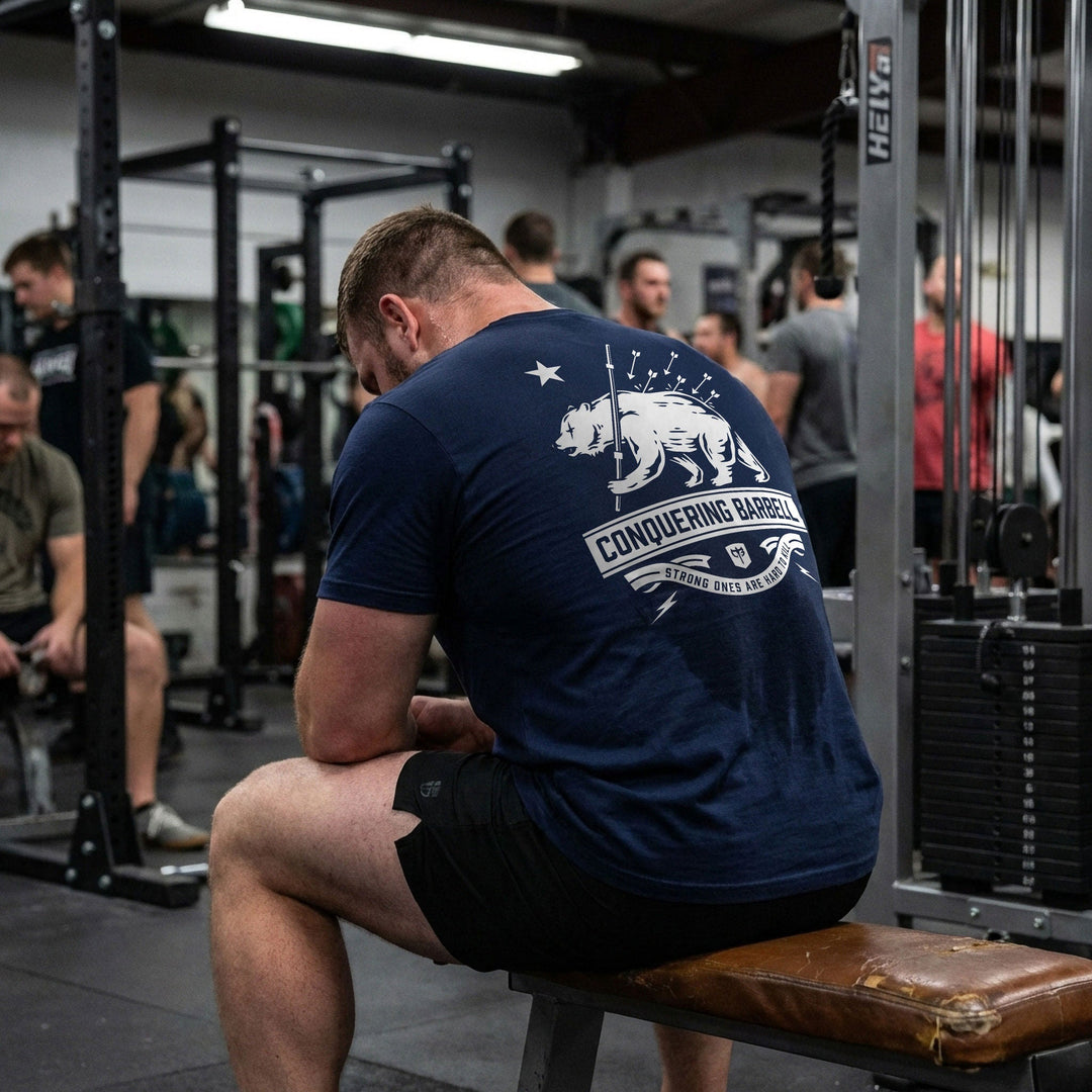 Bear Strong - on Navy Tee - Conquering Barbell