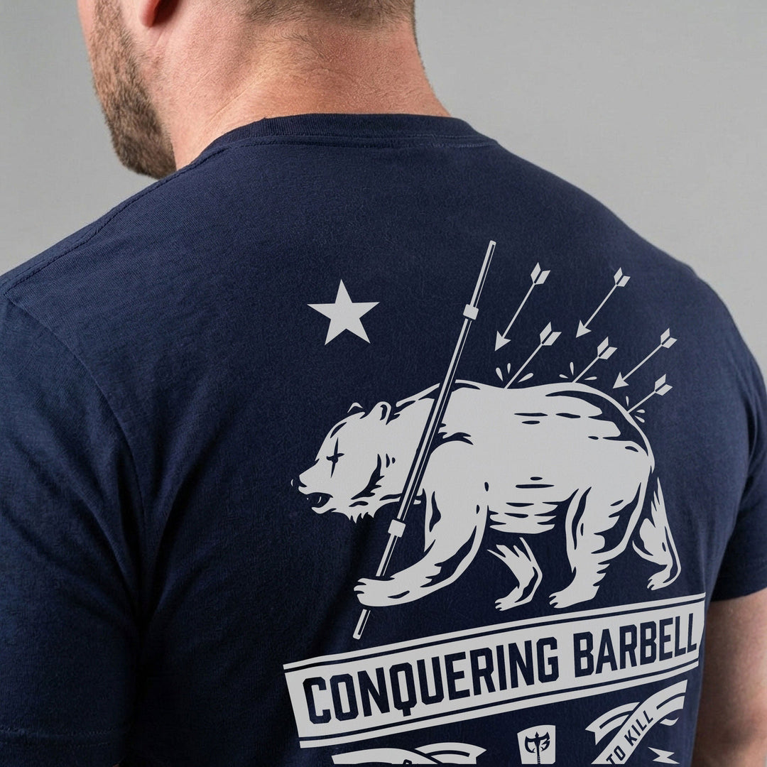 Bear Strong - on Navy Tee - Conquering Barbell