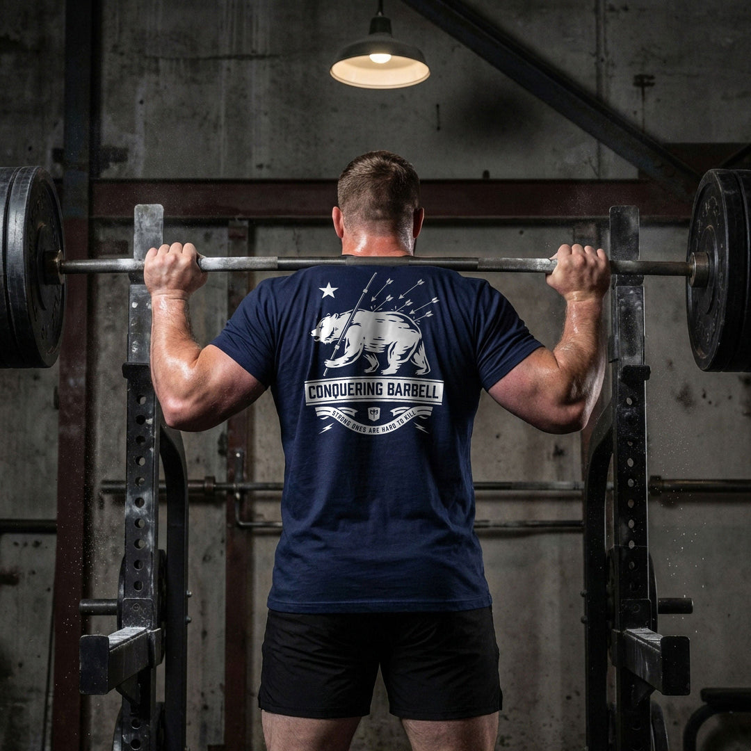 Bear Strong - on Navy Tee - Conquering Barbell