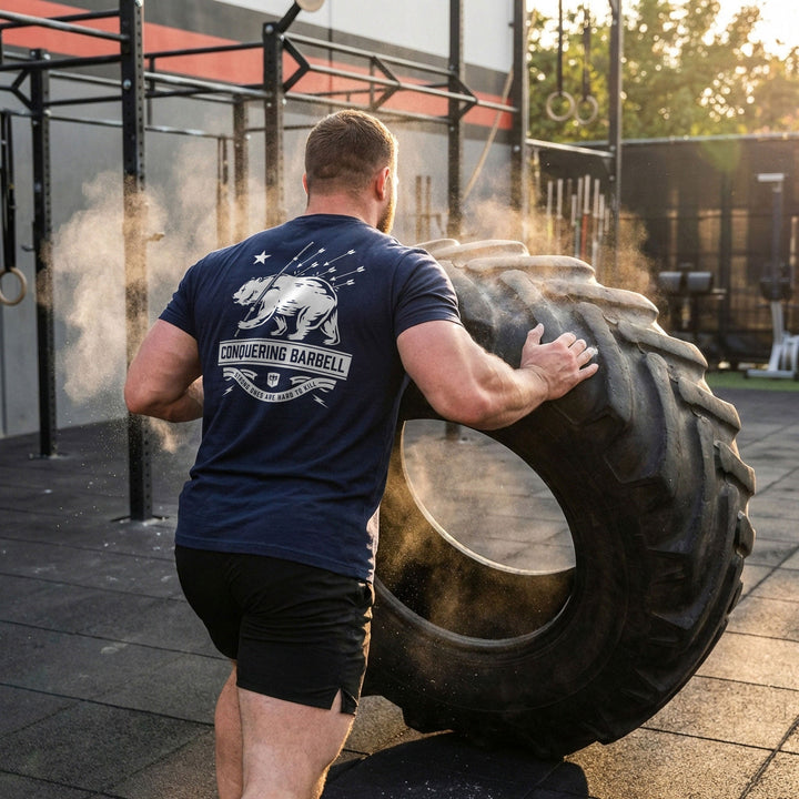 Bear Strong - on Navy Tee - Conquering Barbell