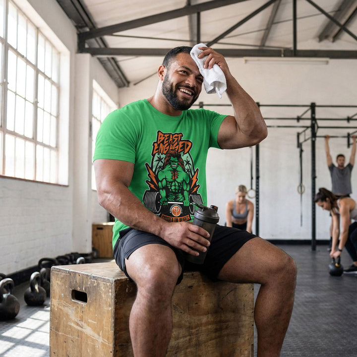 Beast Engaged tee in Kelly Green: a green-skinned beast with wild orange hair crackling with lightning