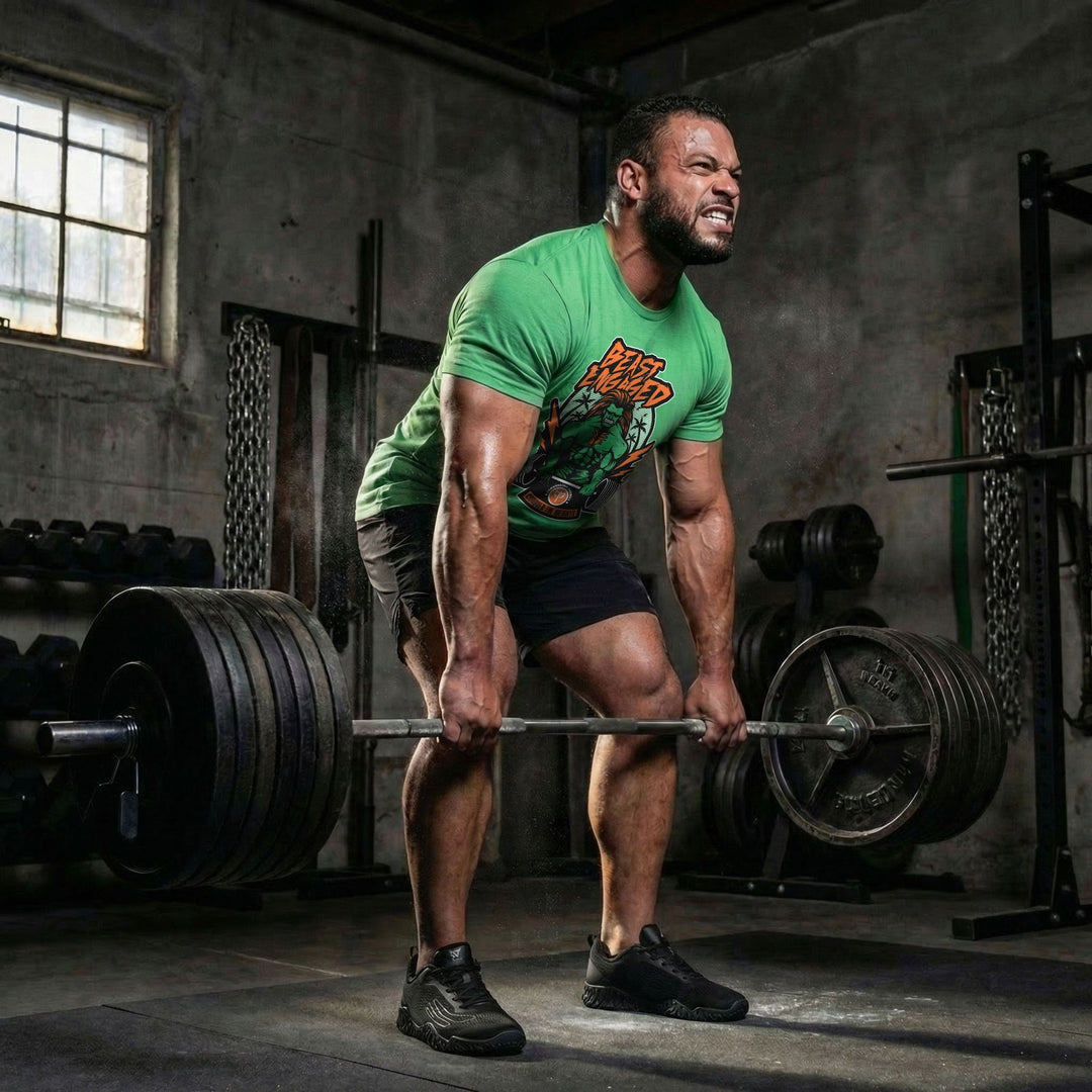 Beast Engaged tee in Kelly Green: a green-skinned beast with wild orange hair crackling with lightning